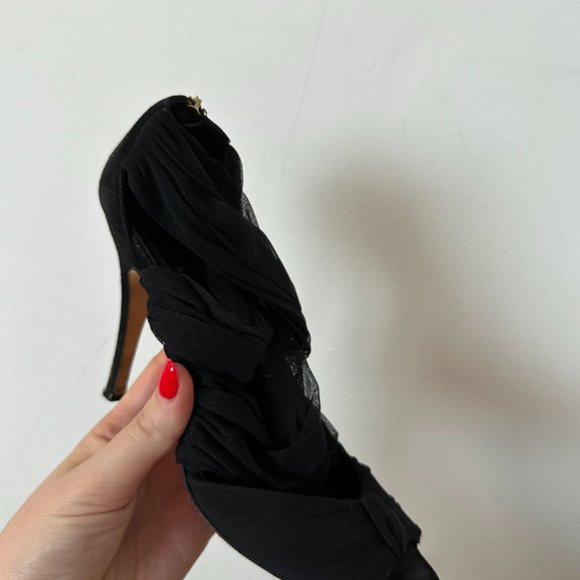 Fendi Mesh Sandals Peep-toe Criss-cross Straps Bow Accent Sz 37 Black Stilettos - Picture 6 of 13